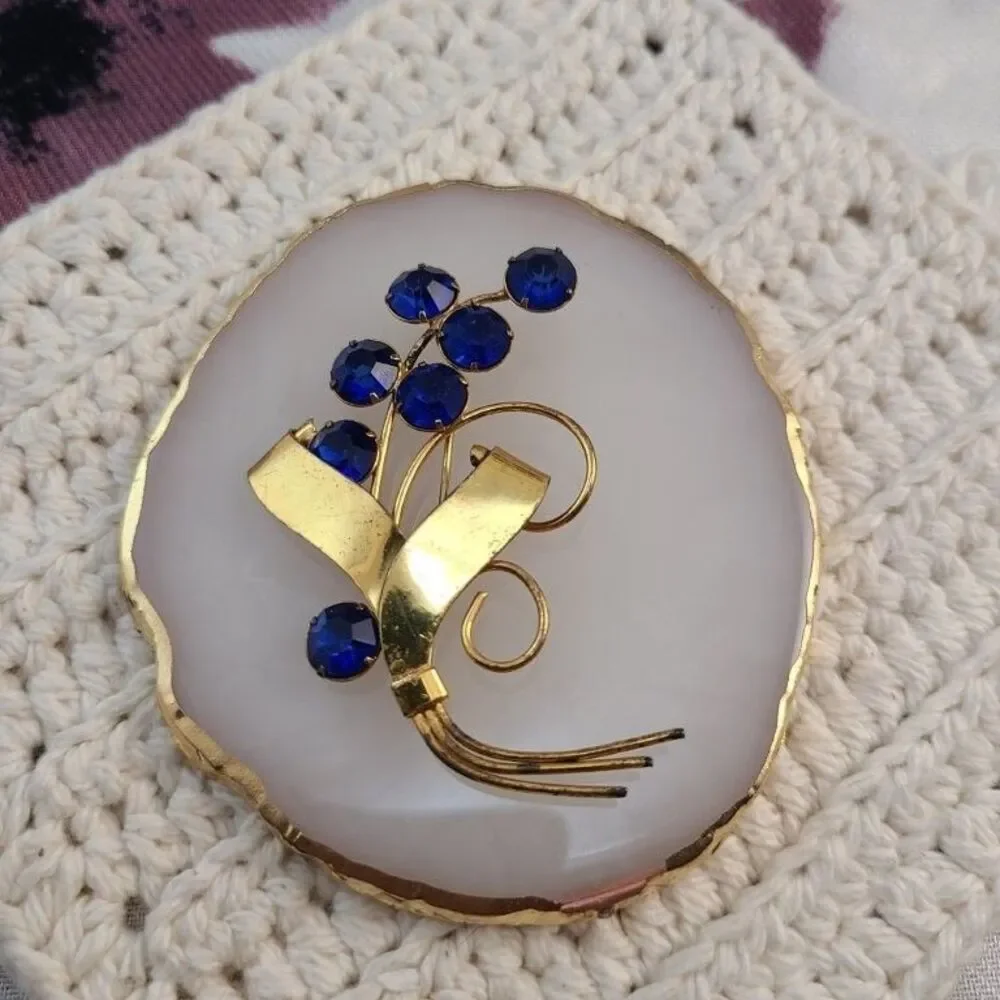 Vintage Art Deco Sterling Silver Vermeil Blue Rhinestone Flower Pin Brooch Large